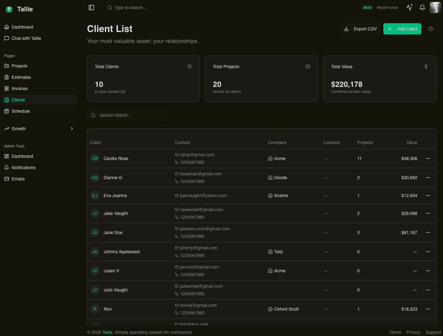 Tallie CRM showing client list with project values